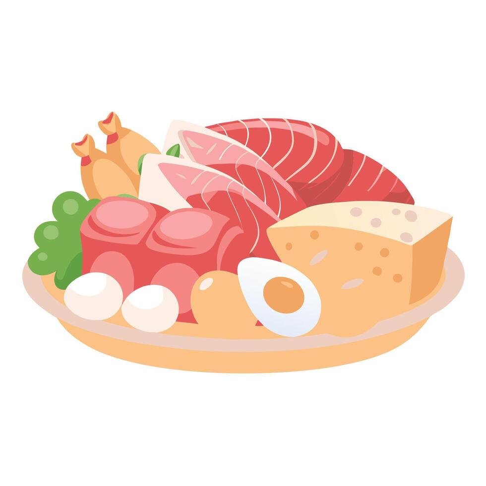 A platter of delicious and nutritious food including salmon fish steaks, beef cubes, chicken sausages, cheese, eggs, and green vegetables vector