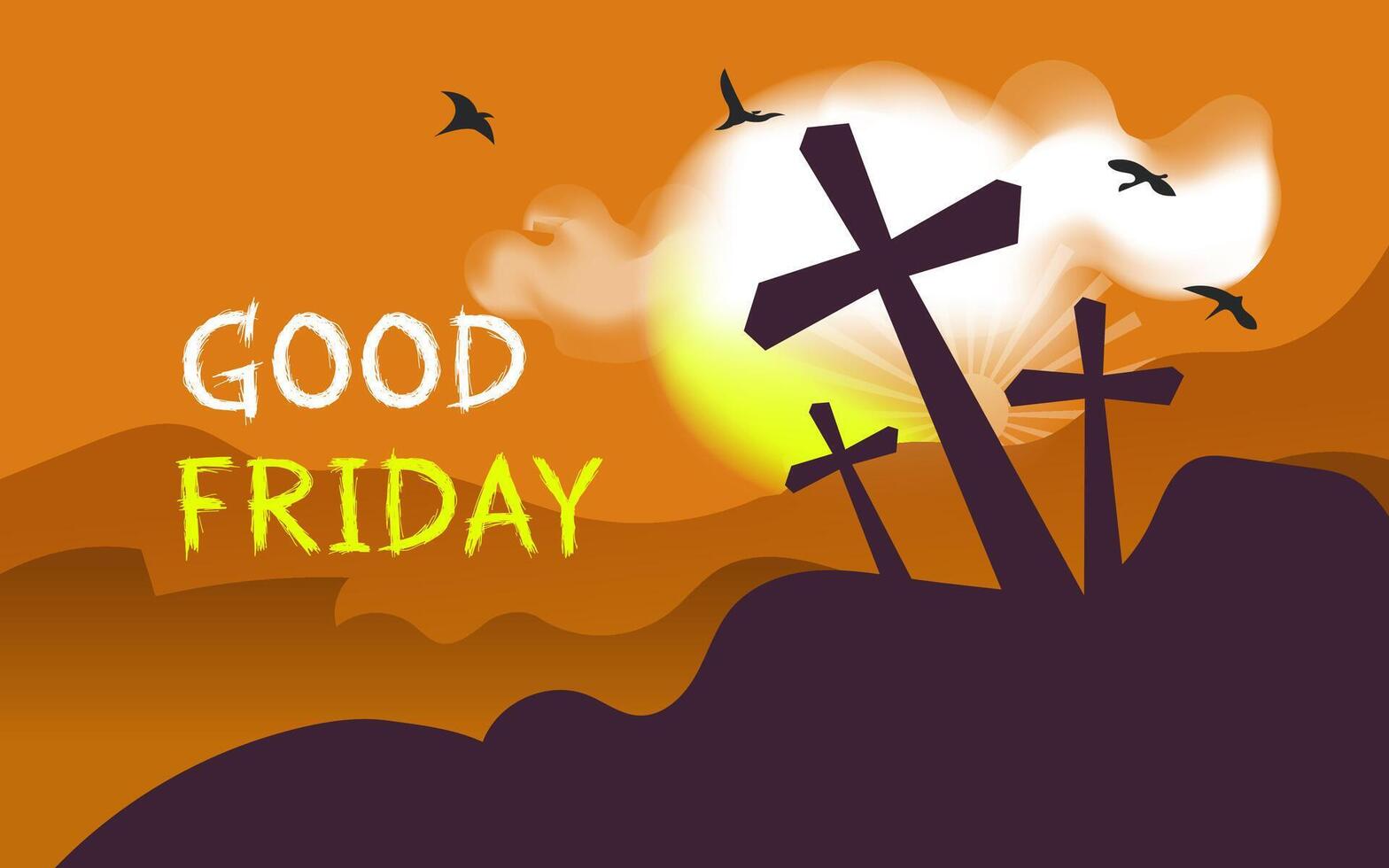 Good Friday Sunset Crosses, Hills, Birds, and Christian Faith vector