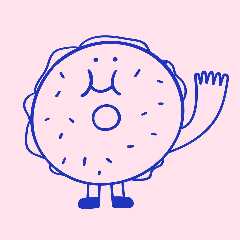 Cute bagel waving hand. Outline illustration on pink background. vector