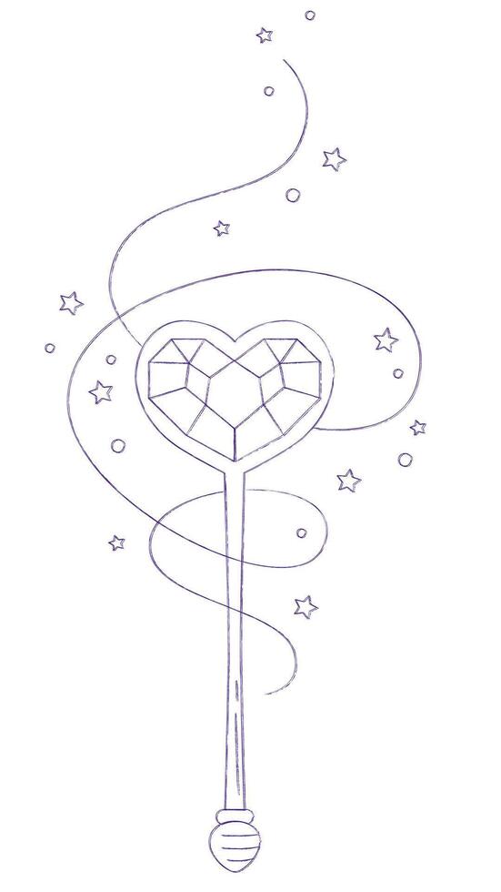 Heart shape magic wand doodle. Fairytale element in sketch style. Hand drawn illustration isolated on white background vector