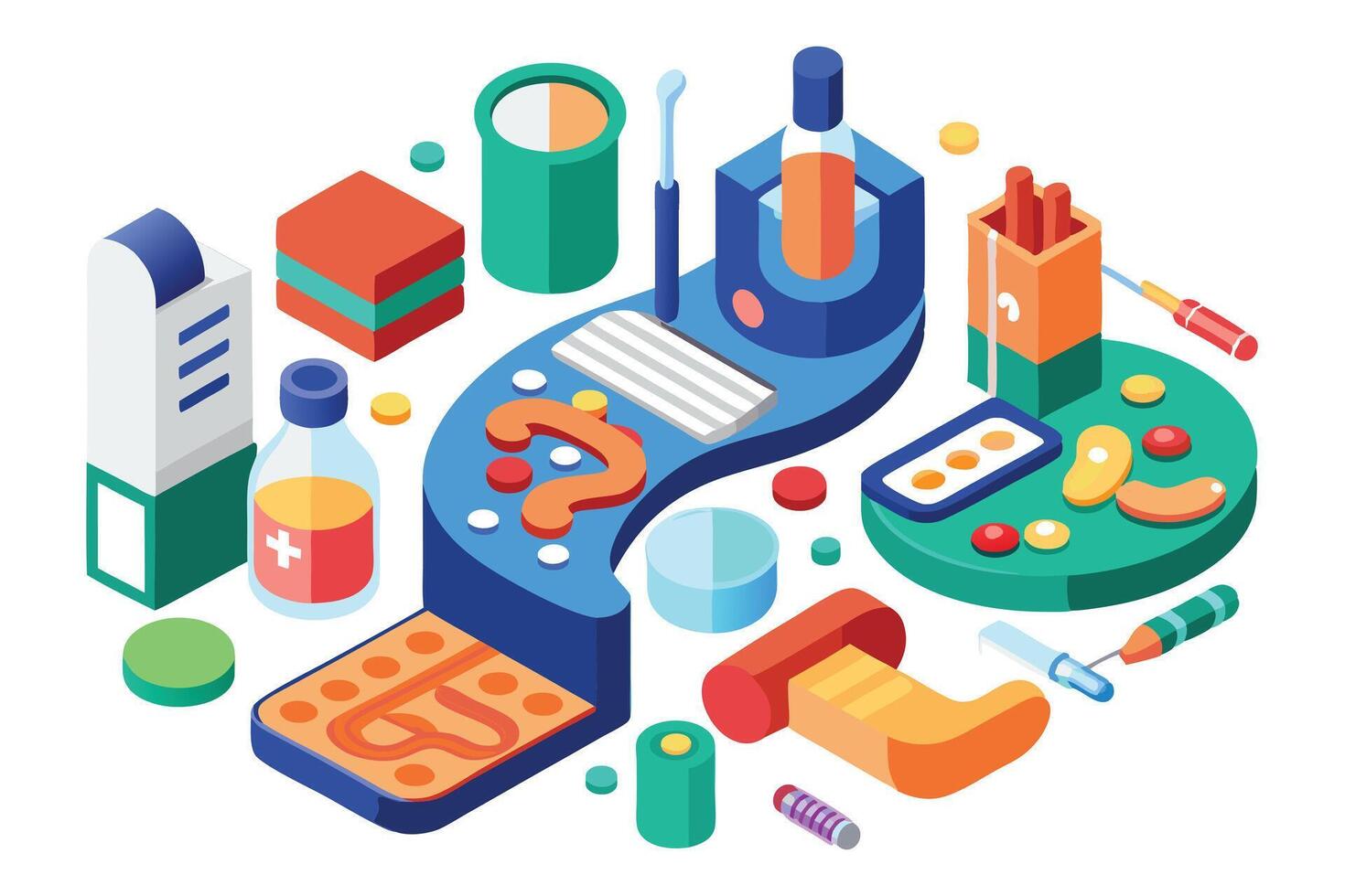 Colorful Isometric Illustration of Medical Supplies and Healthcare Products vector