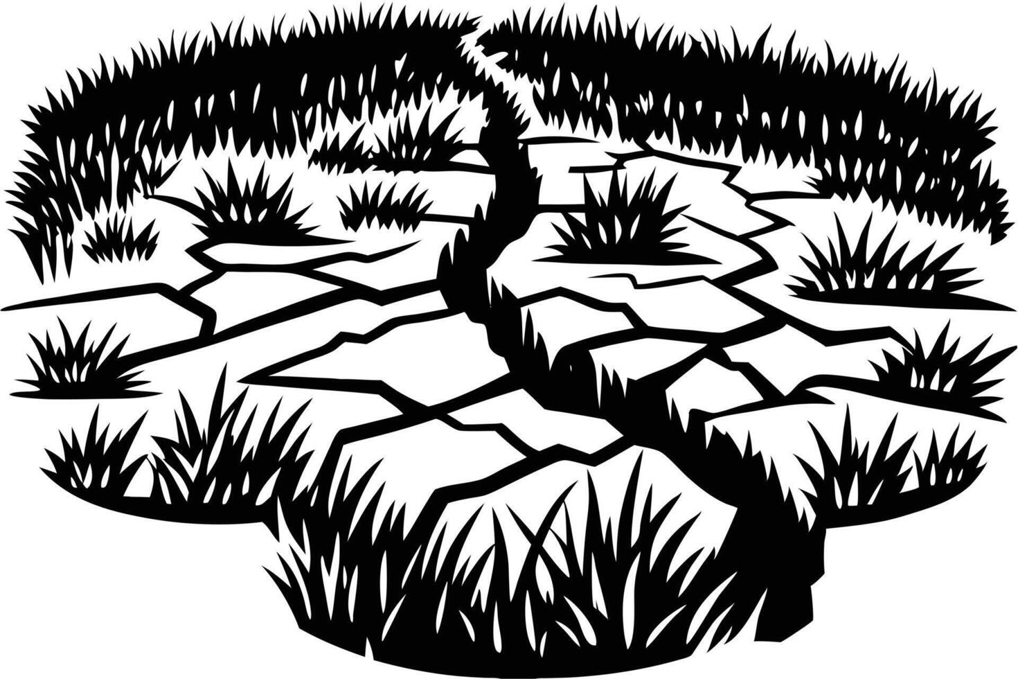 Dry, cracked earth with sparse grass, a graphic illustration. vector