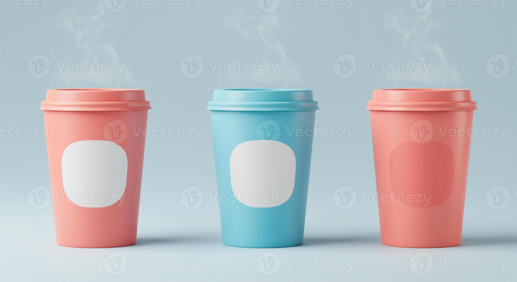 three colorful coffee cups with steam coming out of them photo