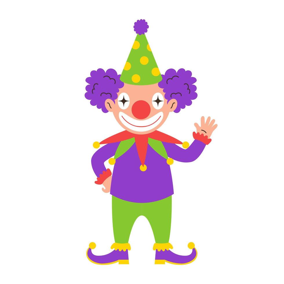Cheerful clown in a festive colorful costume waving his hand cheerfully. illustration. vector