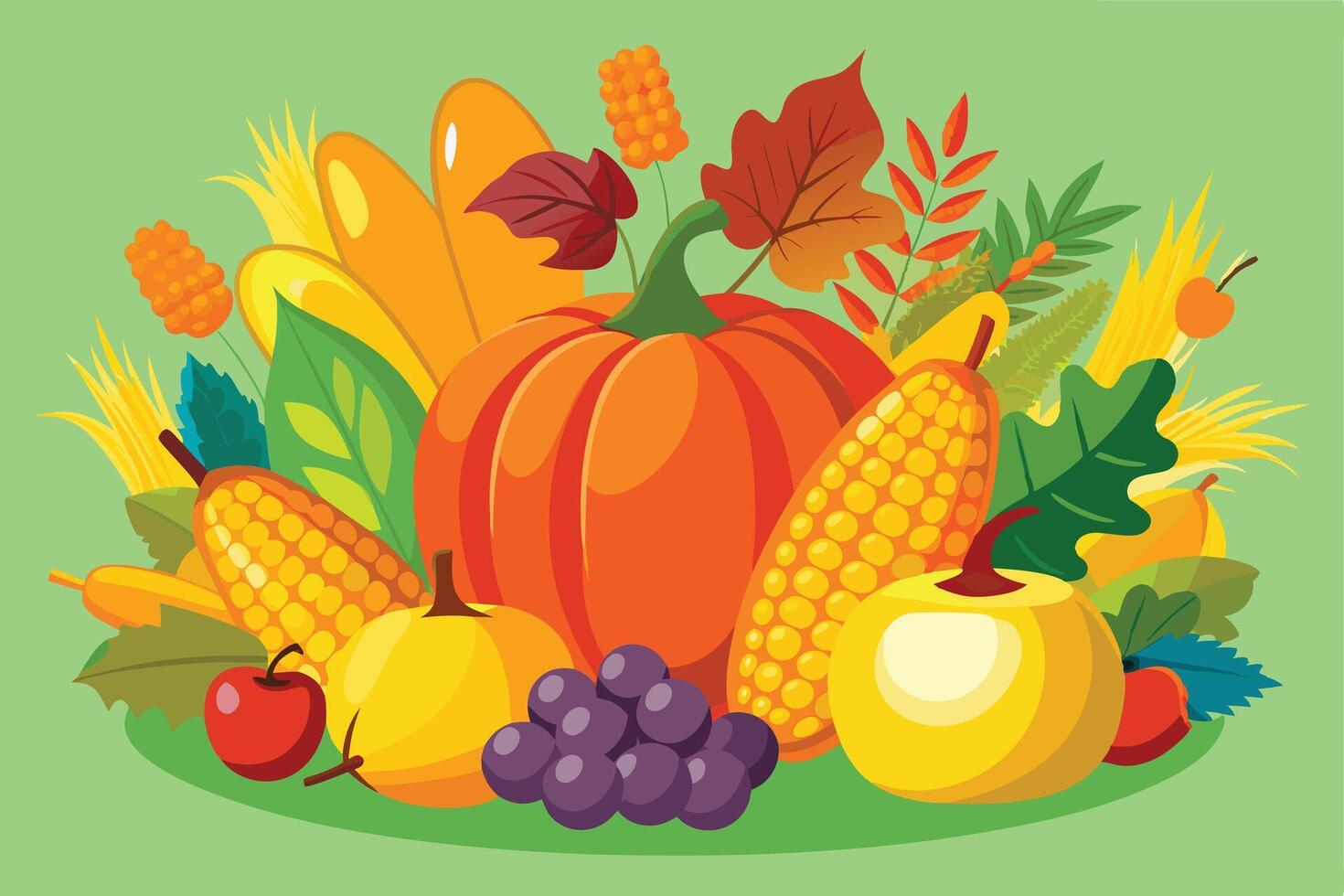 Colorful Thanksgiving Harvest Illustration Featuring Pumpkins, Corn, and Fruits vector