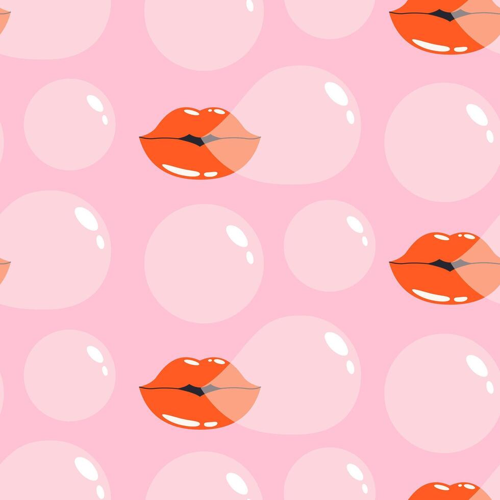Lips blowing bubble gum seamless pattern. Vintage nostalgia for design and print on pink background. Cute print. Trendy wrapping paper. vector