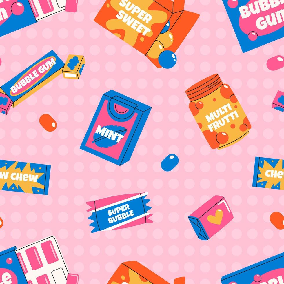 Bubble gum in colorful package seamless pattern. 80s, 90s, retro style, nostalgic elements. background in vintage style on pink background. vector
