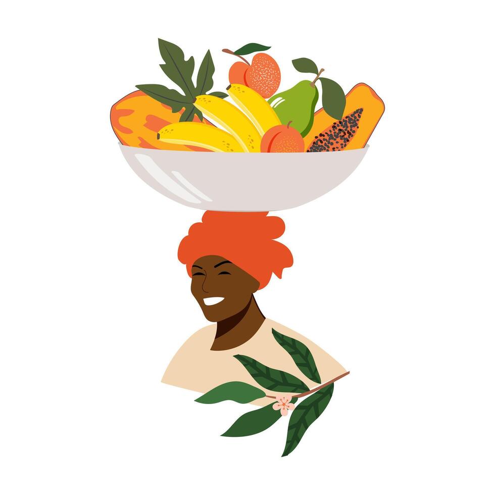 African American woman holding a bowl of tropical fruits on her head. vector