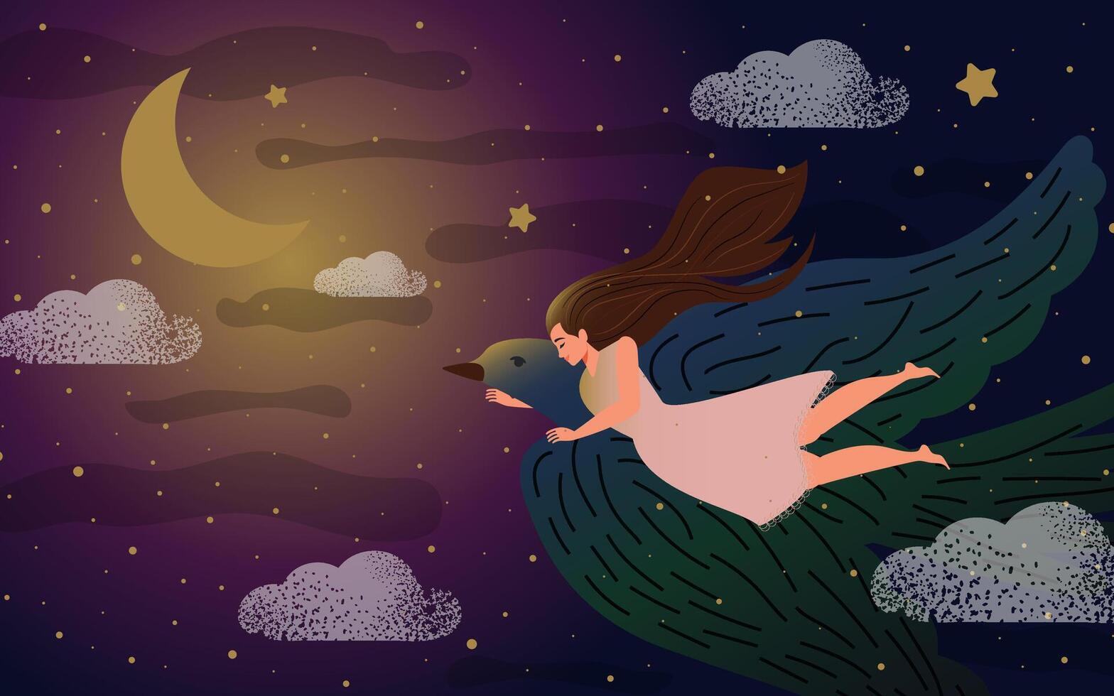Young woman flying on a big bird of hope to the stars and moon in hopes of peace and happiness. vector