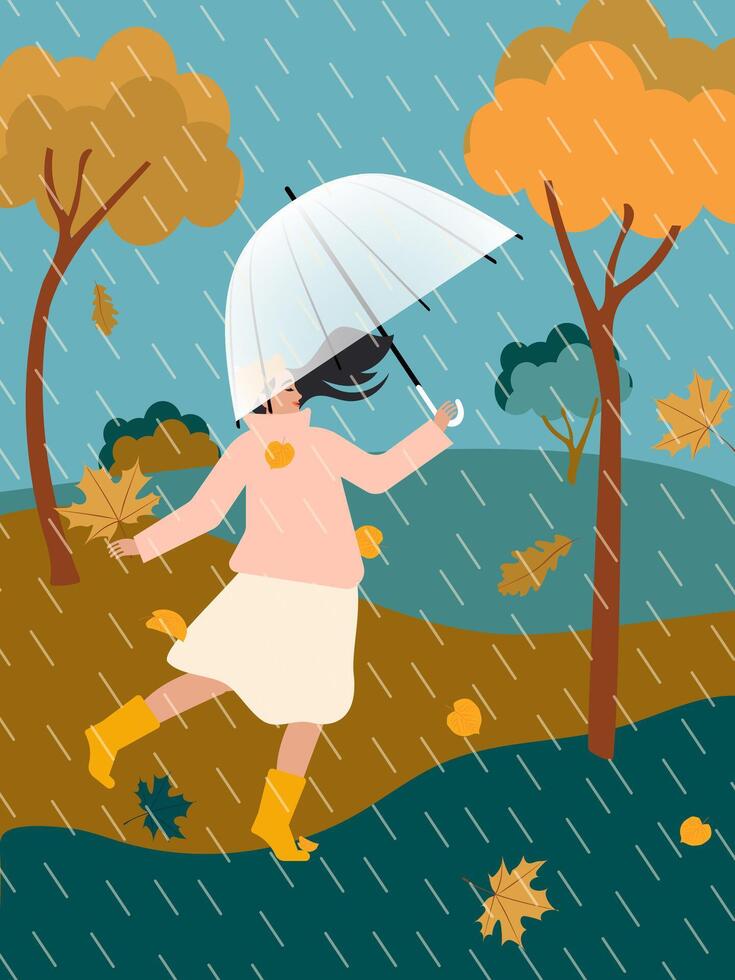 Young woman with umbrella walking in park in rain in autumn improving her mental and physical health. vector