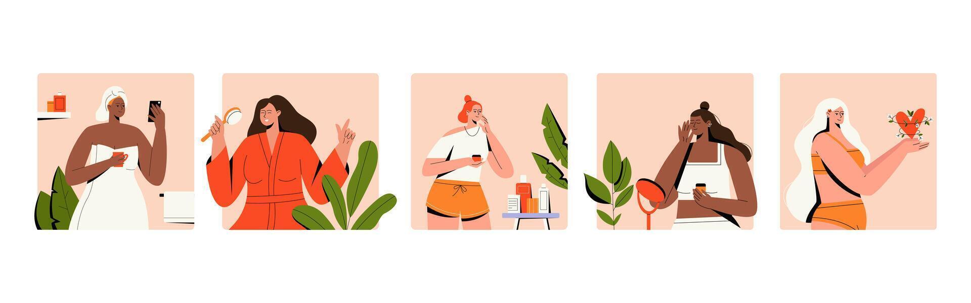 Set of woman during everyday hygiene routine. Self care concept. Females applying natural cosmetic products during daily face and body care. Flat graphic illustrations. vector
