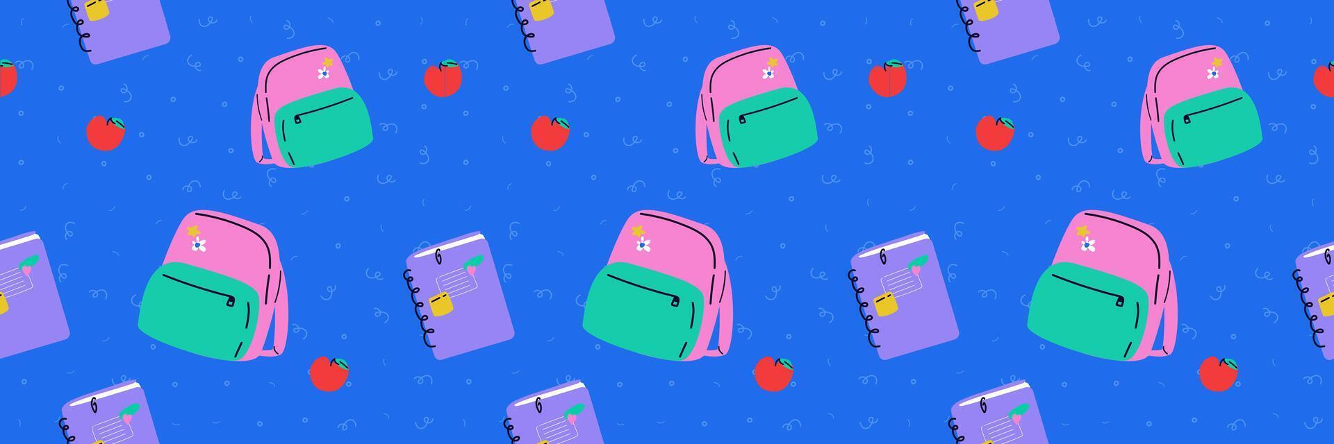 A contemporary seamless pattern with a Back to School theme. Blue background with doodles and backpack, notebook and apples. Trendy illustration. Banner for student. vector