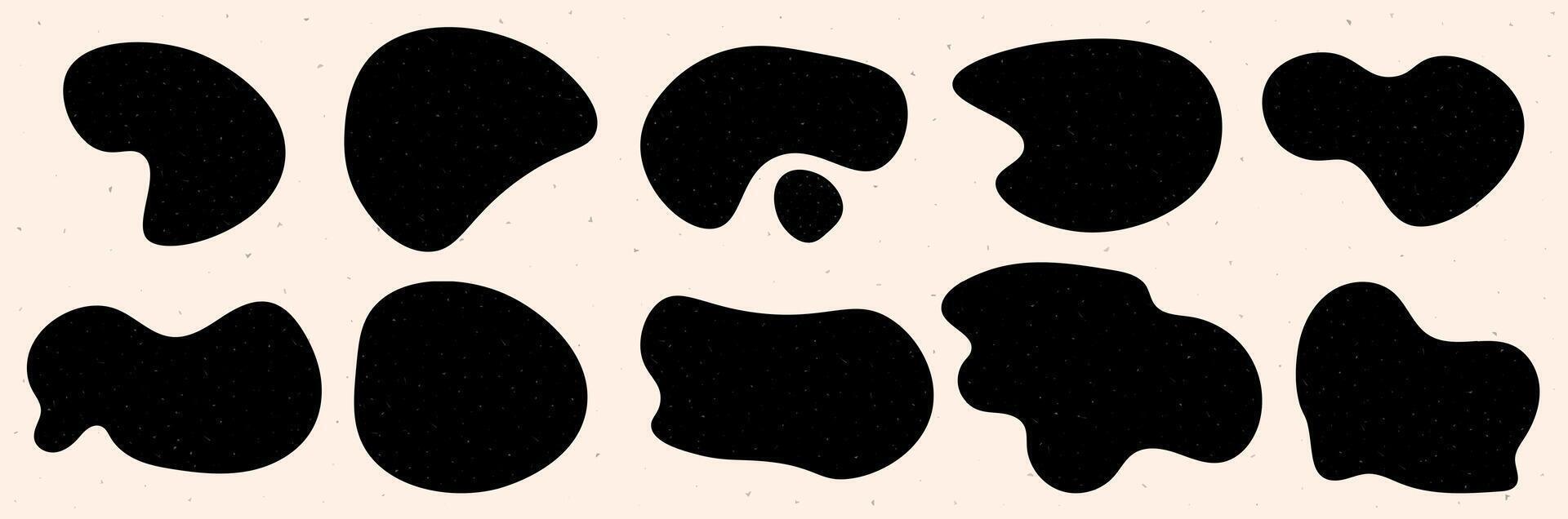 Organic shapes collection. Black irregular blobs with grain and noise texture. Abstract elements. Liquid forms space for text vector