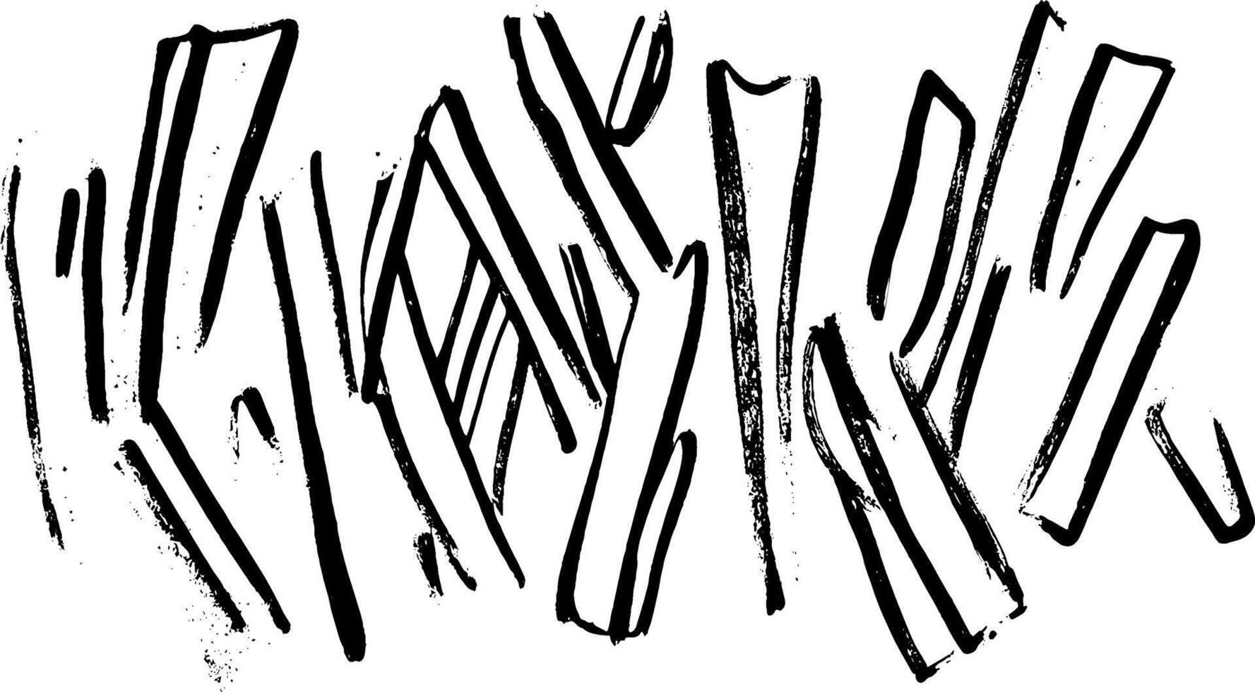 An abstract composition featuring bold, black brush strokes arranged in a dynamic, chaotic manner. The strokes vary in thickness and length, creating a sense of movement and energy. vector