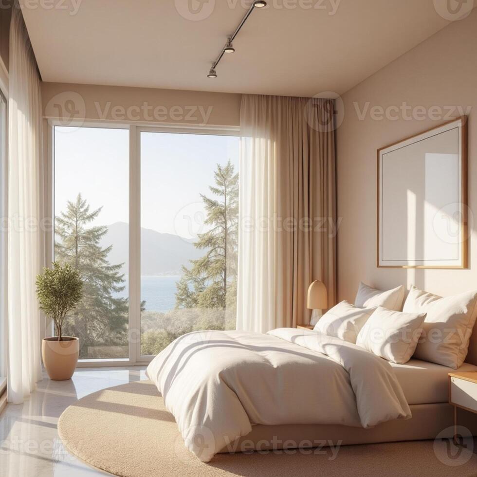 modern bedroom with large windows overlooking the ocean photo