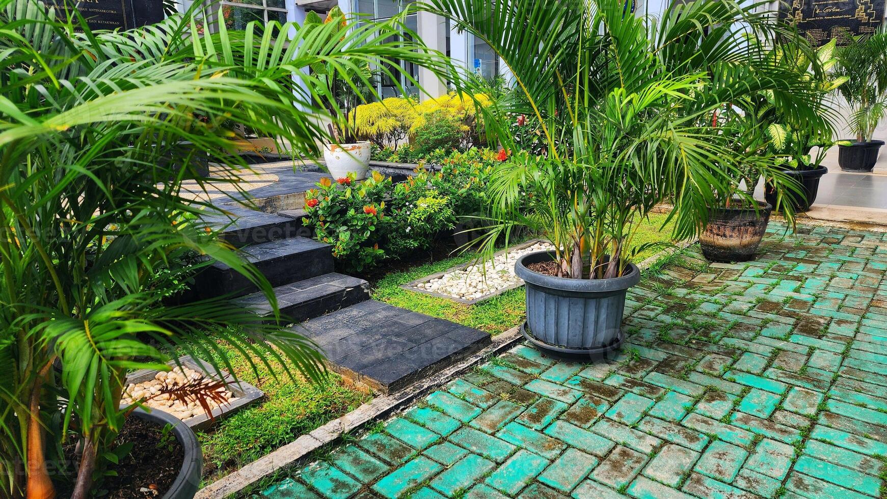 a green brick walkway with potted plants and a house photo