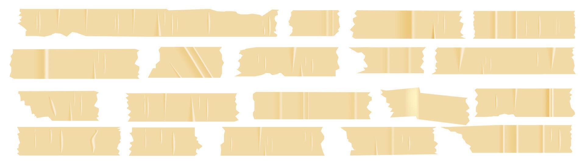 A set of plastic beige pieces of torn scotch tape. Trendy elements for designs with realistic texture. patches on white background vector