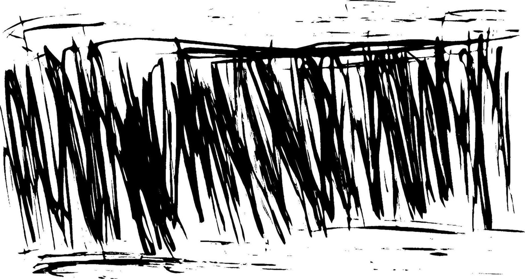 An abstract black and white artwork featuring chaotic, jagged lines and strokes, creating a sense of movement and energy. The composition is dynamic and expressive, with a rough texture. vector