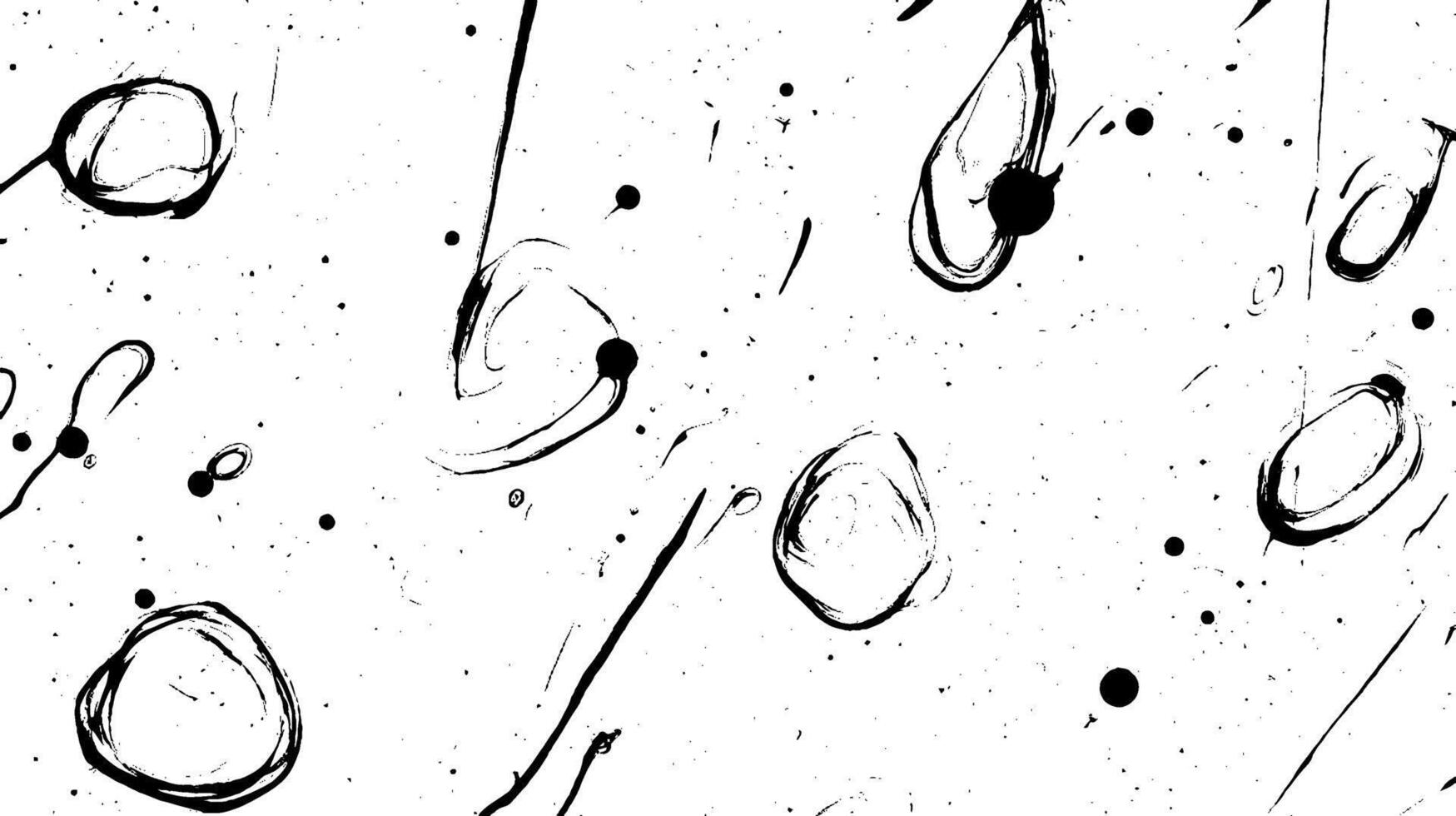 An abstract black and white pattern featuring various circular shapes and splatters, creating a dynamic and artistic composition. vector