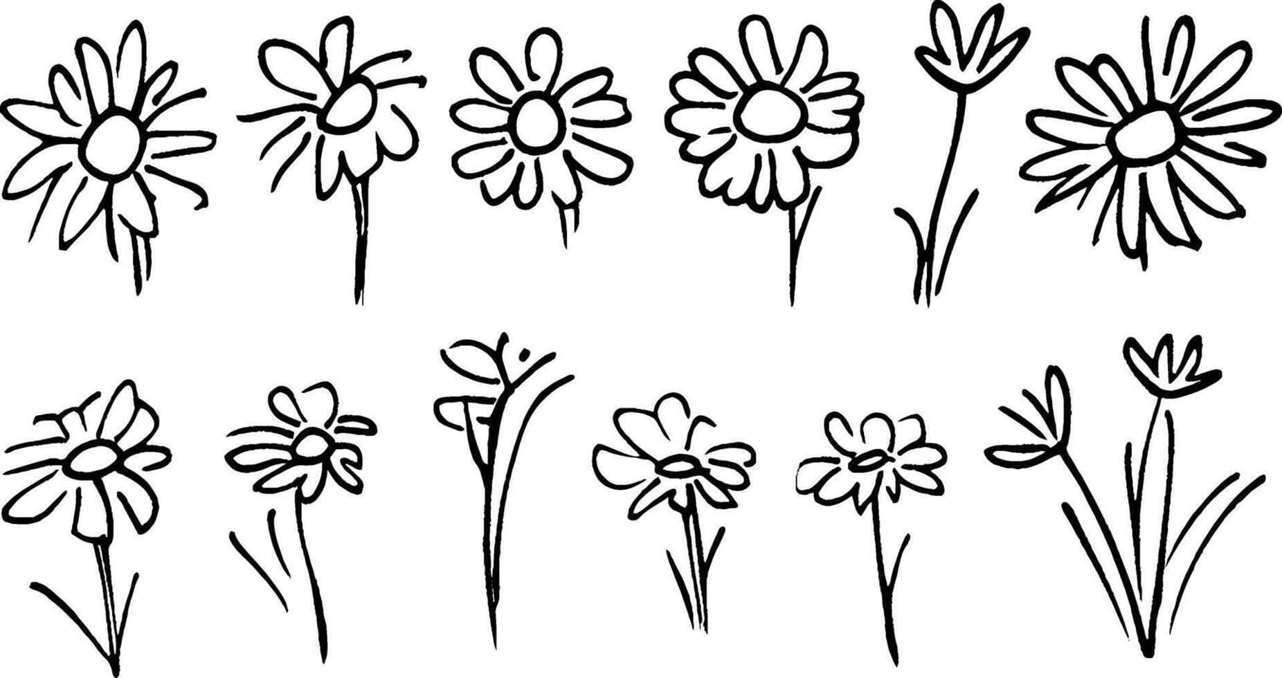 A collection of hand-drawn flowers in various styles and sizes, showcasing different shapes and arrangements. The flowers have simple outlines and are depicted in a whimsical manner. vector