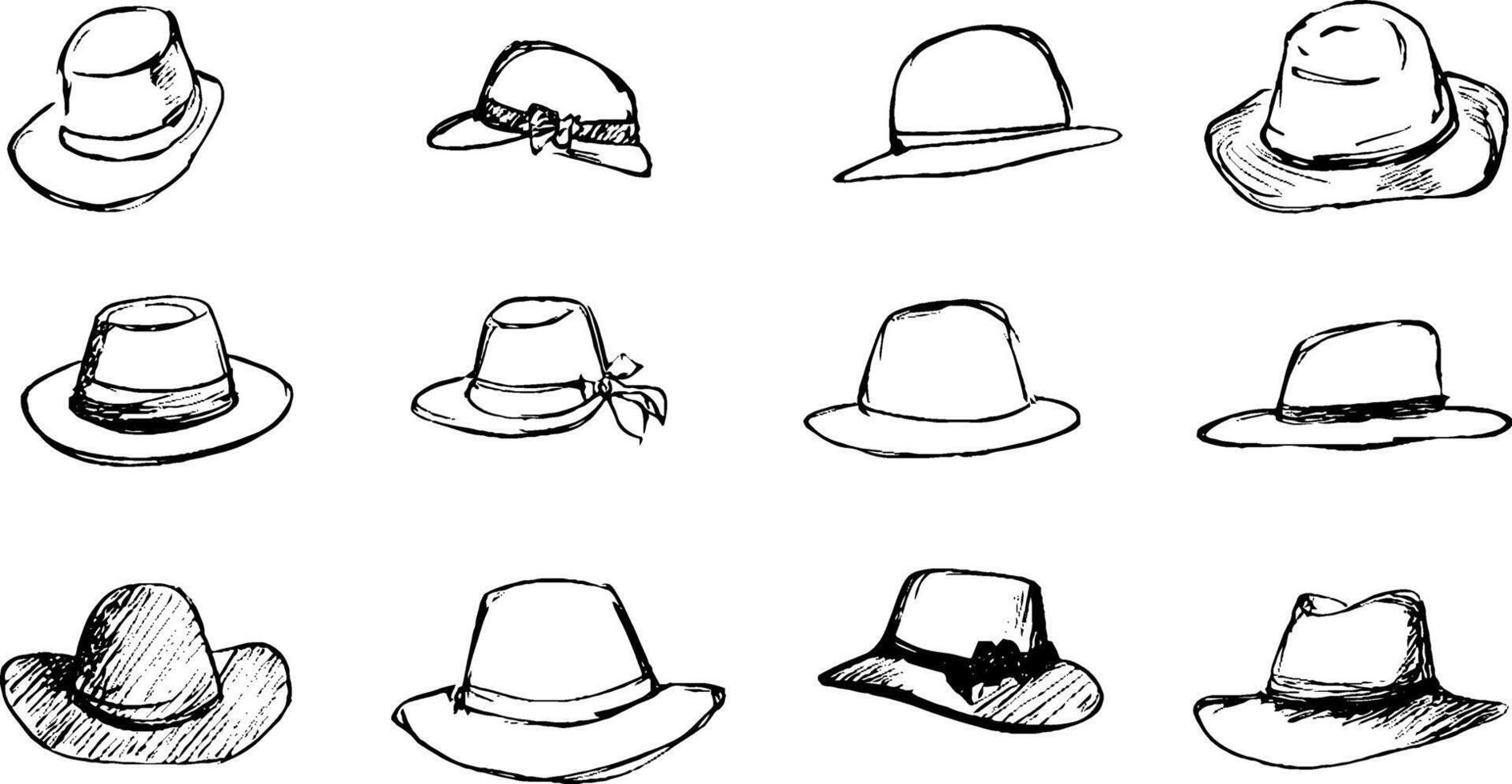A collection of twelve hand-drawn hats in various styles, including wide-brimmed, cowboy, and sun hats, displayed in a grid format. vector