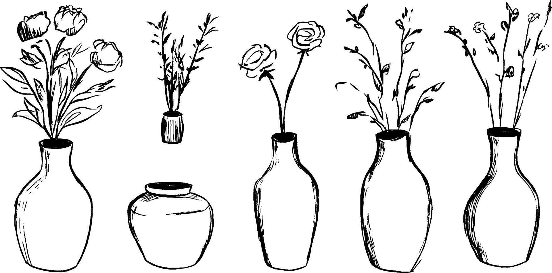 Hand-Drawn Vases with Floral Arrangements vector