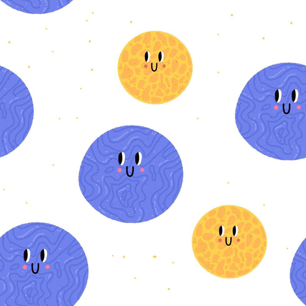 Cartoon seamless texture. White background. Doodle ellements with fun faces. Kids childish pattern. vector