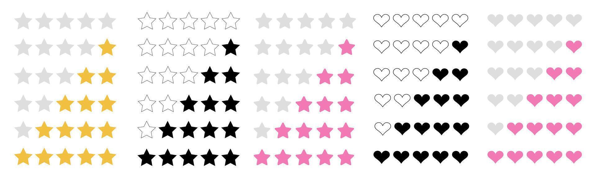 set of rating and vote icons with stars and hearts. Quality review symbols for evaluation and ranking. Flat design elements for UI, app interface, and web classification. vector