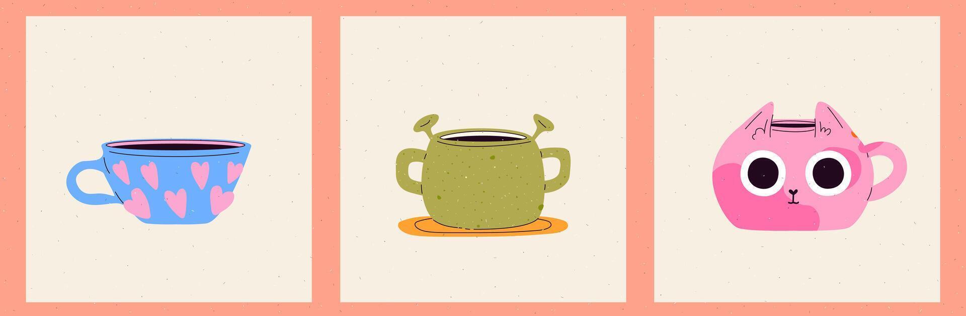 A set of IG post card with ceramic mugs and a groovy style. With different textures and patterns and prints. Organic funny shapes. contemporary illustration. vector