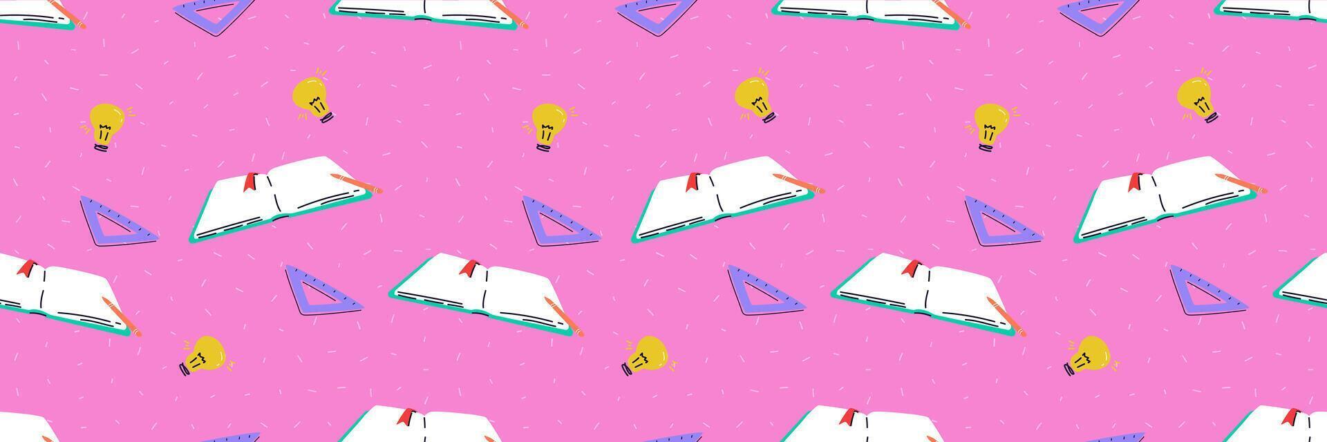 A contemporary seamless pattern with a Back to School theme. Pink bright background with doodles and open book , light bulb - idea and ruler. Trendy illustration. Banner for student vector