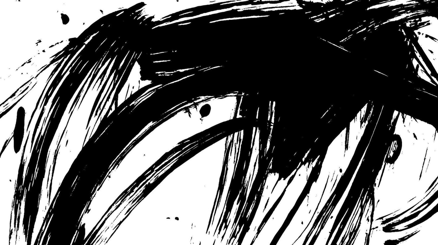 An abstract black and white painting featuring bold, sweeping brush strokes and splatters. The dynamic lines create a sense of movement and energy, suitable for modern art themes. vector