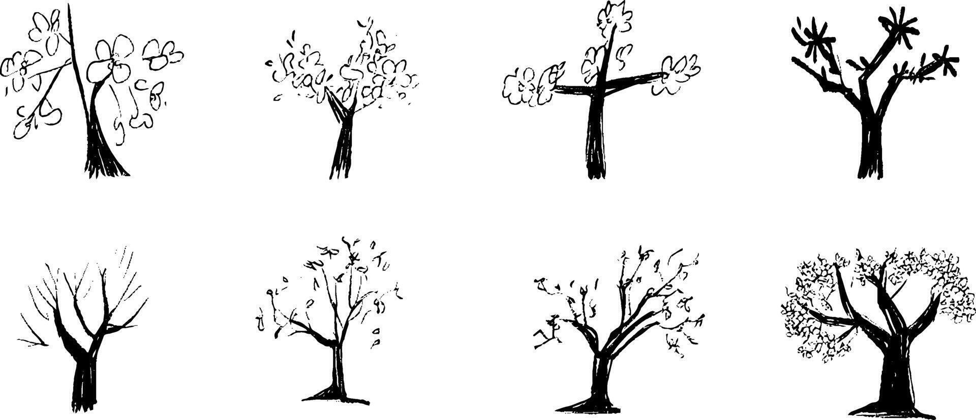 A collection of hand-drawn trees in various styles, showcasing different leaf patterns and shapes. The trees range from fully leafed to bare branches, illustrating seasonal changes. vector