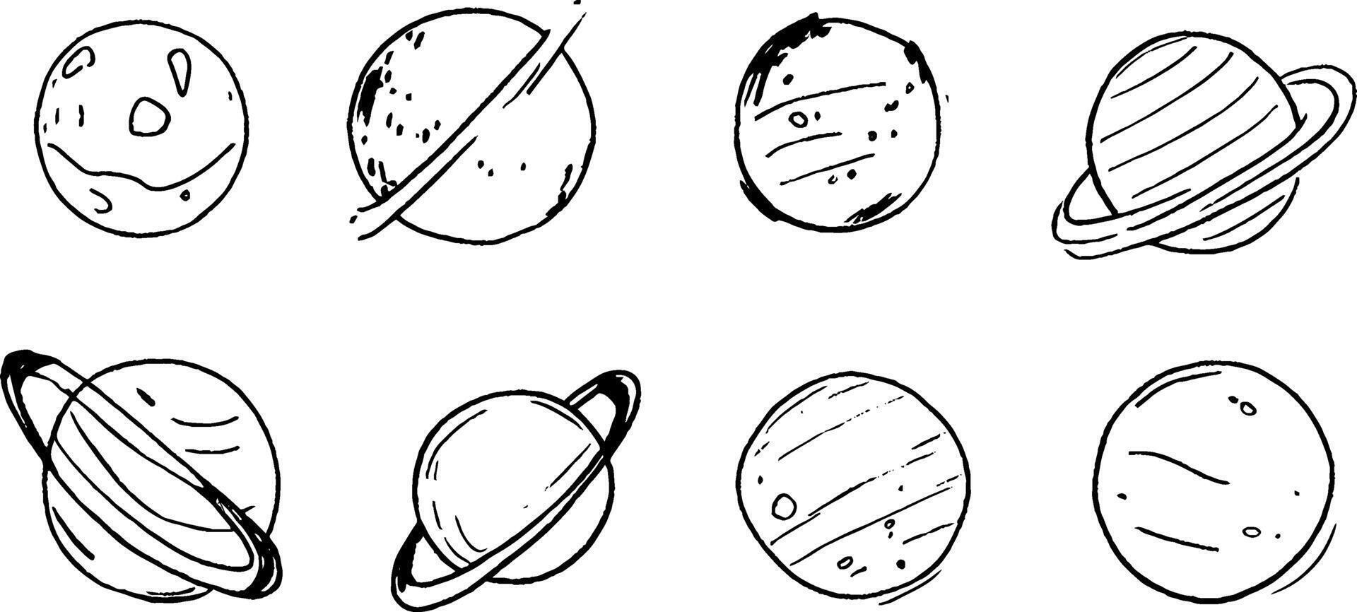 A collection of hand-drawn illustrations of planets, featuring various designs including rings and textures, arranged in a grid format. vector