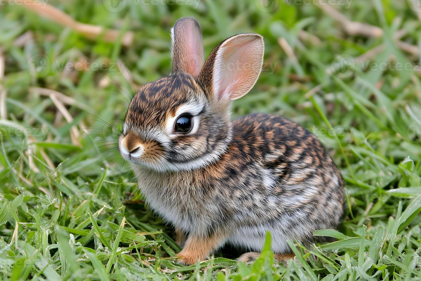 A young eastern cottontail rabbit sitting in tall green grass in soft lighting photo