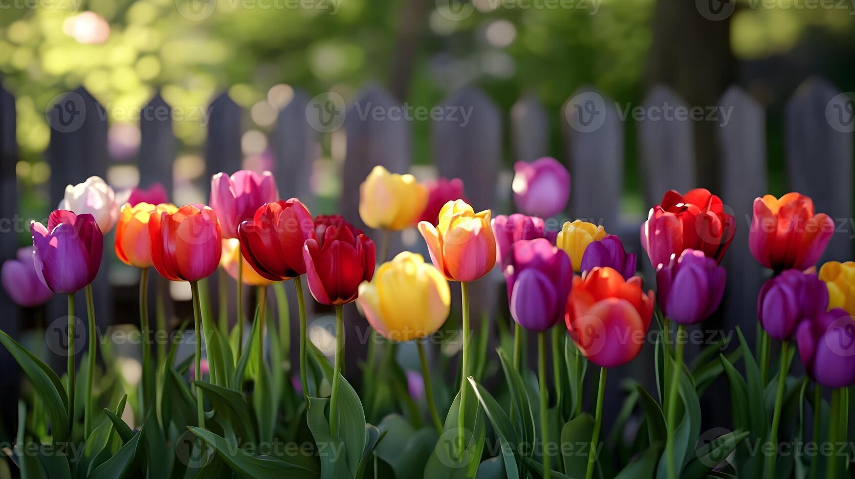 A vibrant close-up of colorful tulips in full bloom with a blurred background photo
