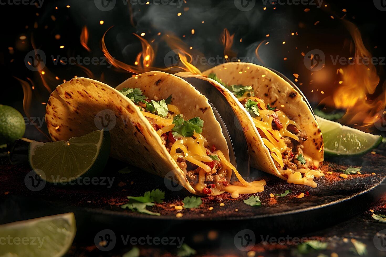 Delicious Ground Beef Tacos with Melted Cheese and Cilantro Served on a Sizzling Plate with Limes and Flaming Background photo