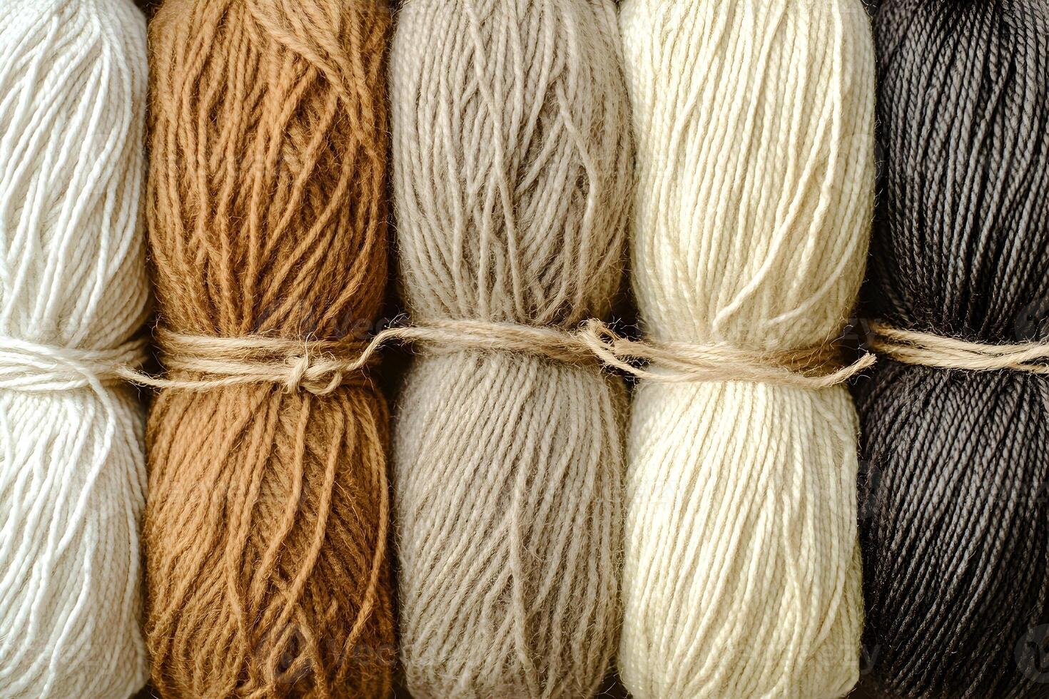 Bundles of hand-spun yarn in earthy tones tied with twine photo