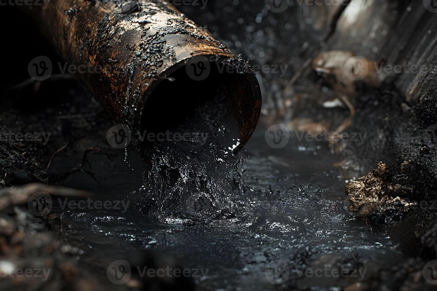 Close-up of a broken sewage pipe leaking murky water in a gritty environment photo