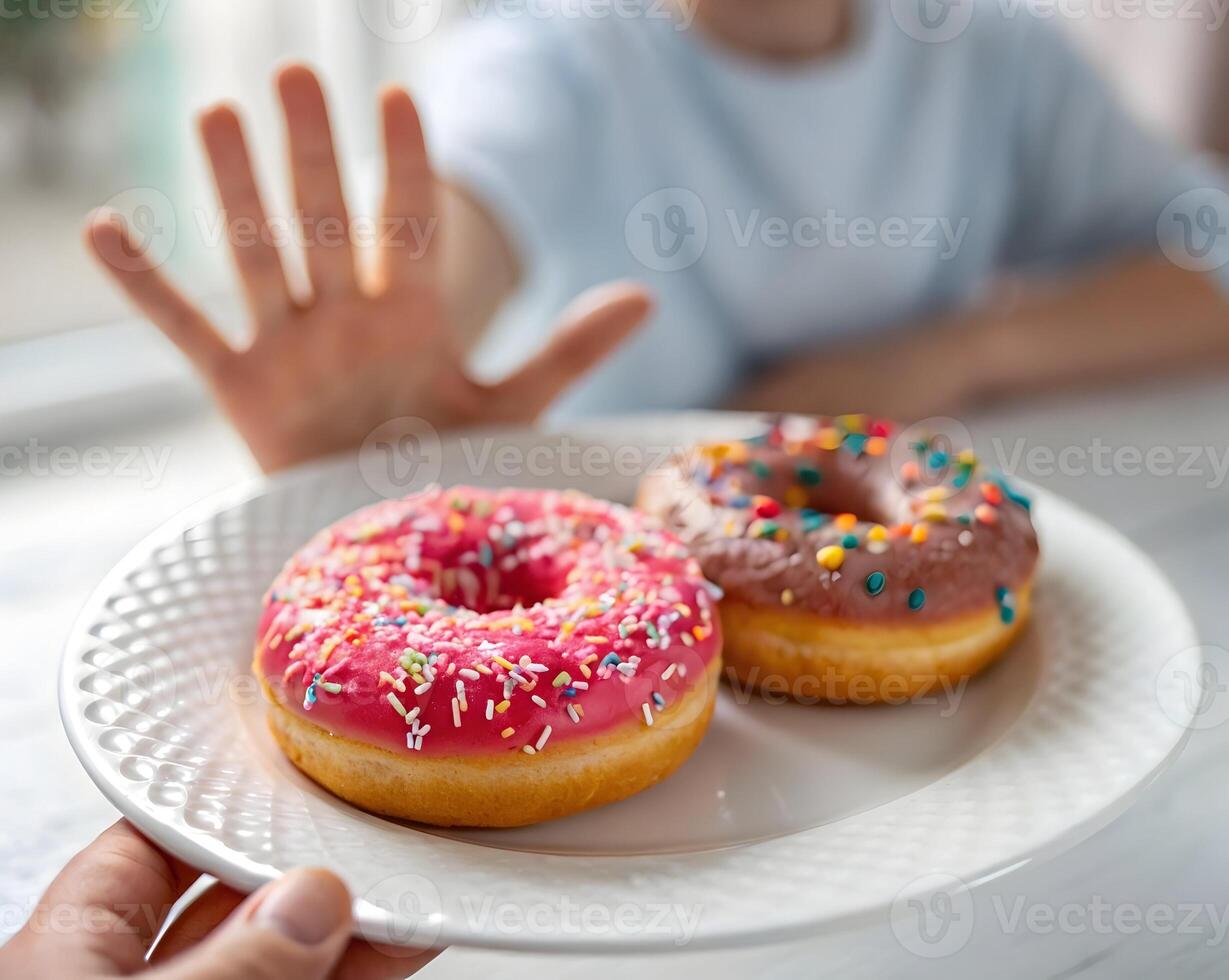Hand gesturing stop to an offered plate of donuts on a white plate photo