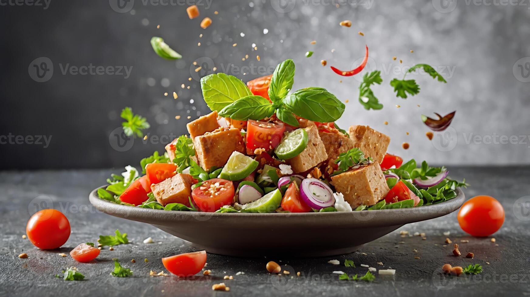 A colorful and vibrant tofu salad with fresh herbs and vegetables photo