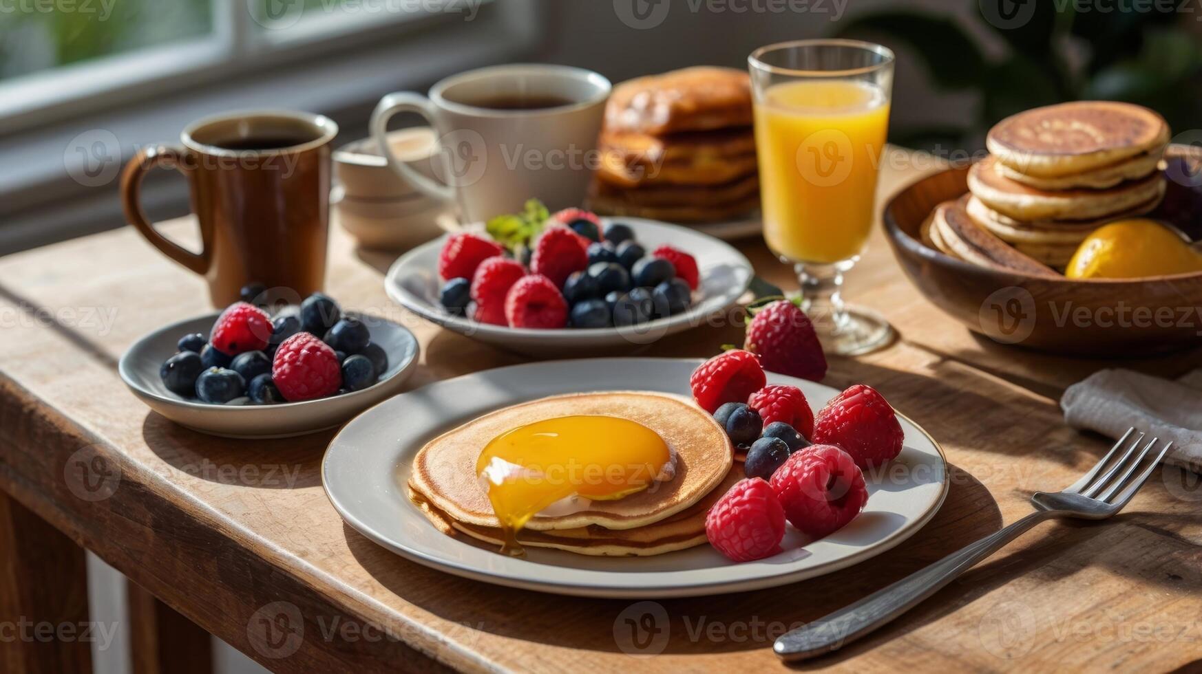 Delicious Pancake Breakfast with Berries and Coffee for a Perfect Start photo