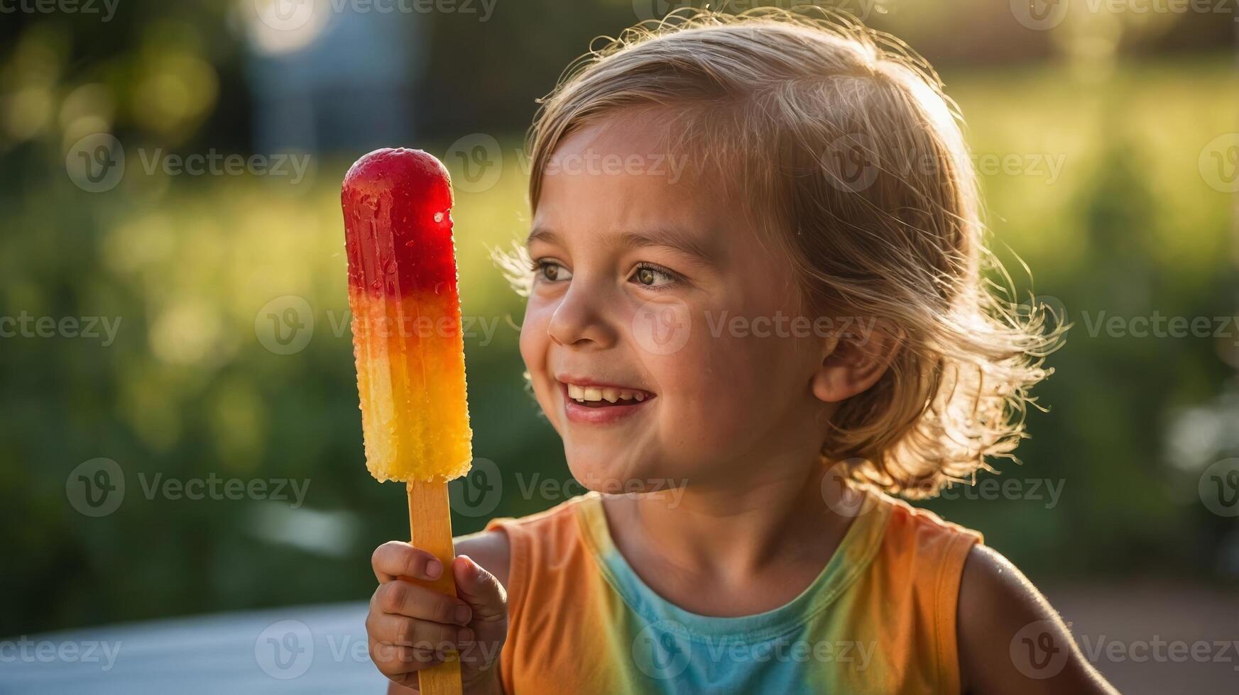 A delightful young child enjoys a vibrant tri-color popsicle on a sunny day photo