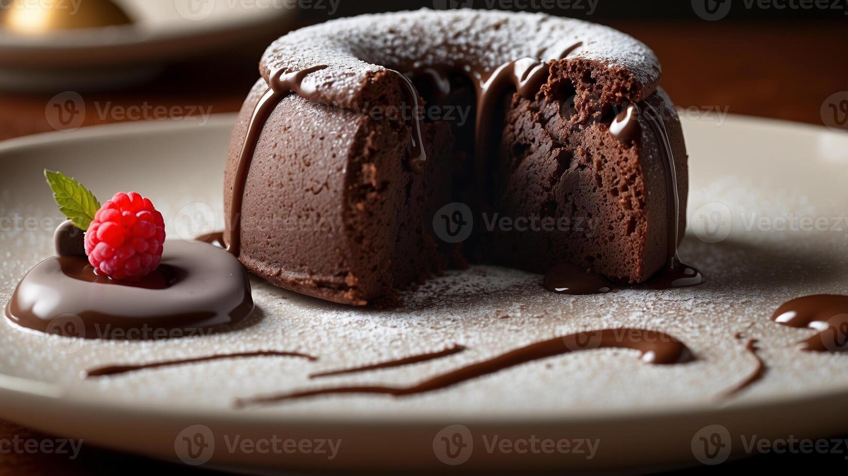 Delicious chocolate lava cake with raspberry and chocolate sauce, a decadent dessert photo