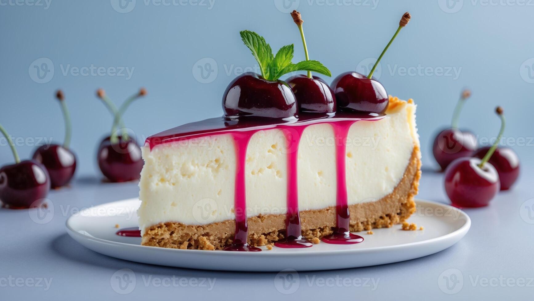 Delicious cheesecake slice with cherry topping on a bright backdrop photo