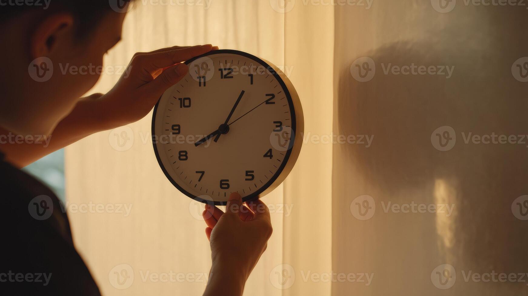 Setting Time, Man adjusting a clock on a wall in warm light, demonstrating punctuality and time management for daily schedules photo