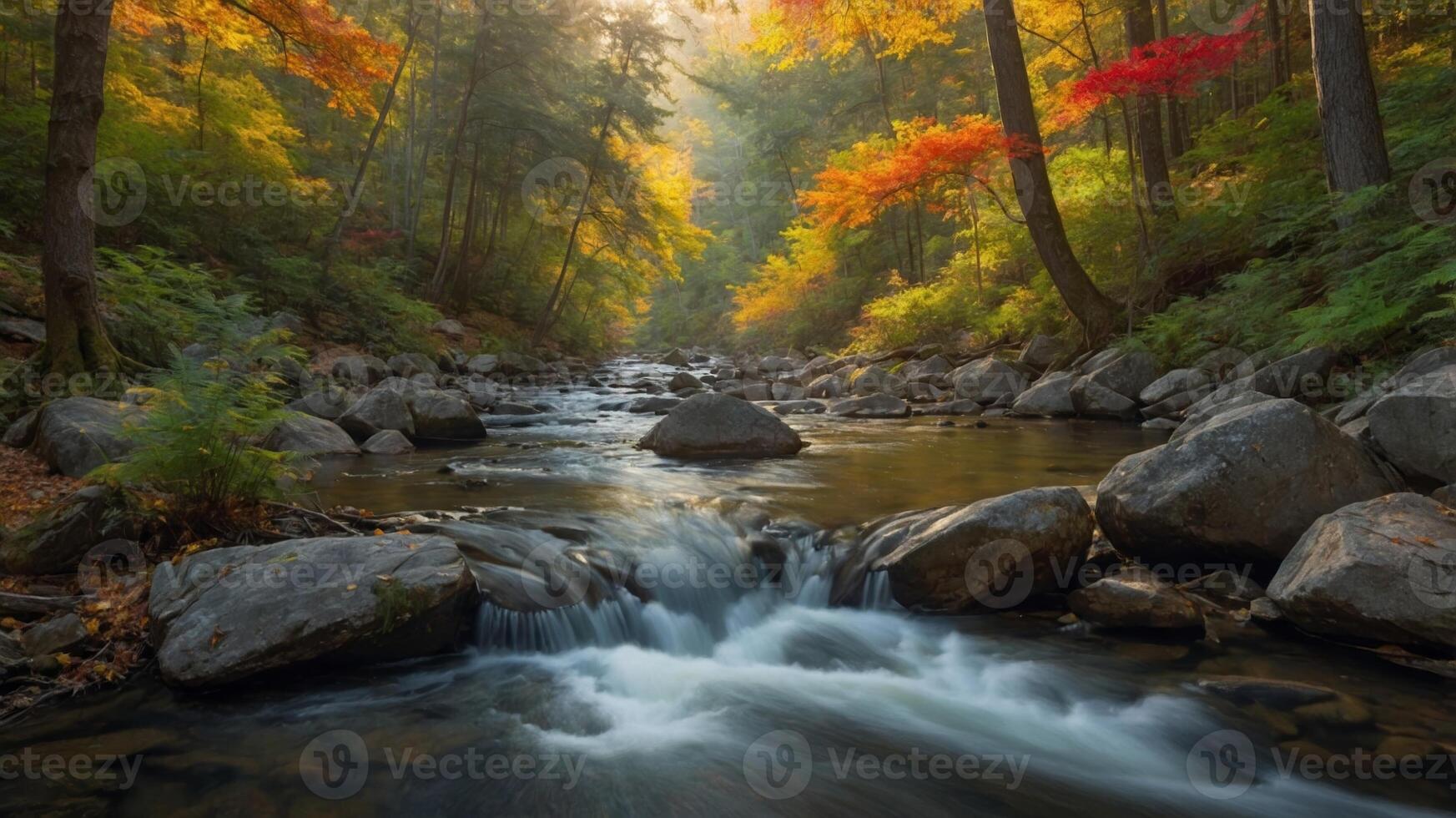 Captivating Autumn Scenery, Serene River Flowing Through a Colorful Forest photo