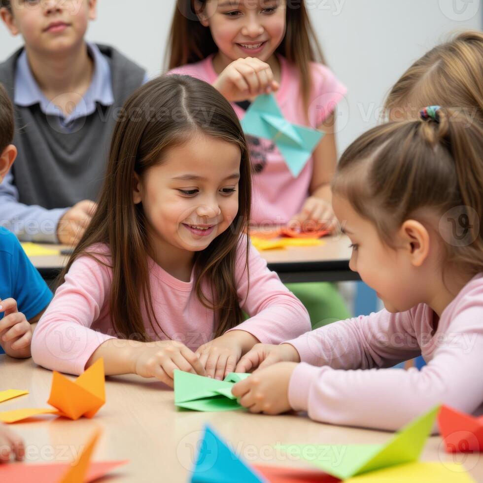 Enthusiastic children engrossed in an origami class, fostering creativity and teamwork in a learning environment photo
