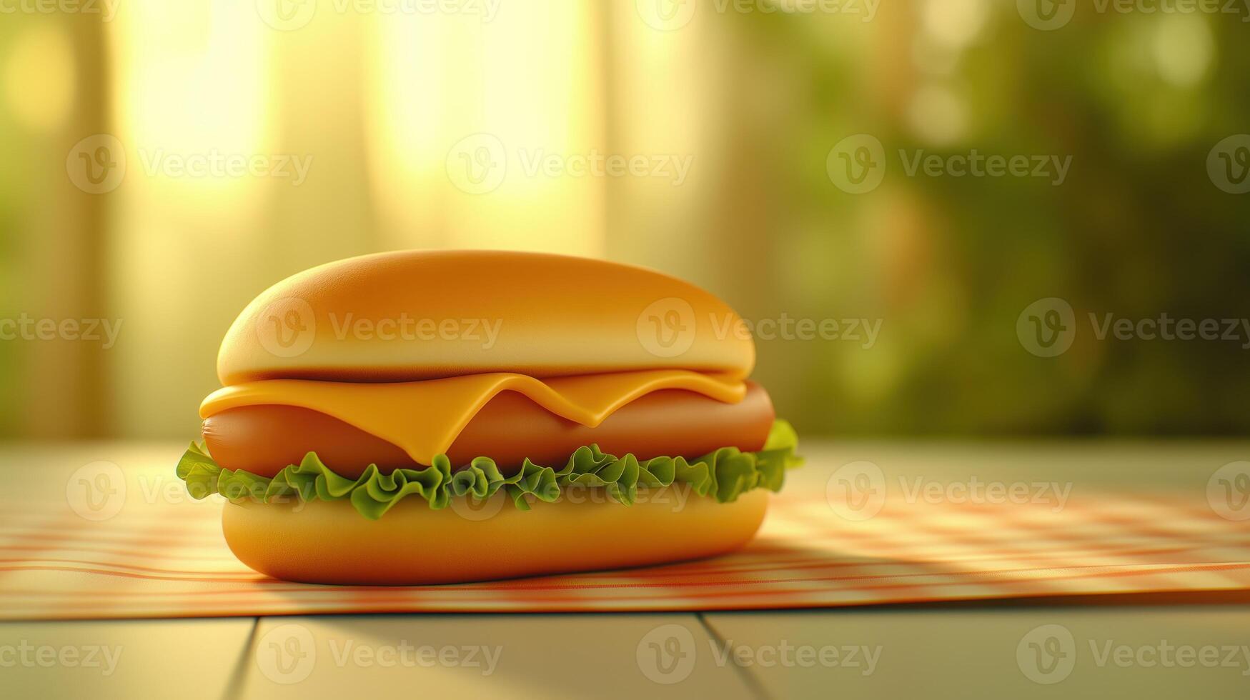 Hot dog with melted cheese and fresh lettuce on checkered napkin on wooden table photo