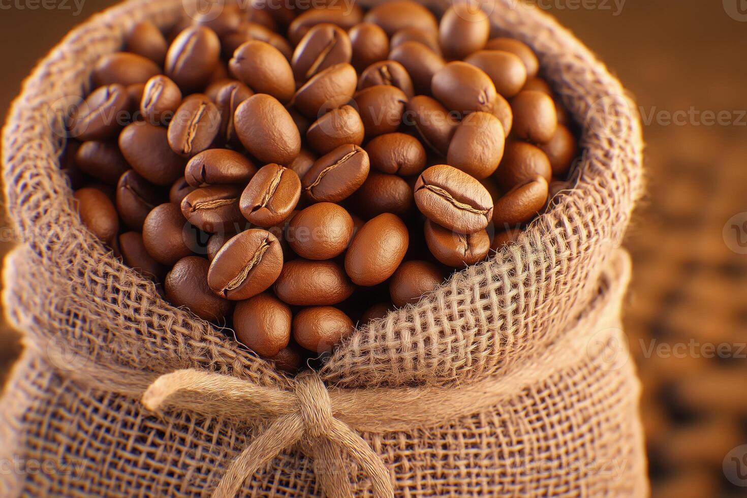 Roasted coffee beans overflowing from small burlap sack photo