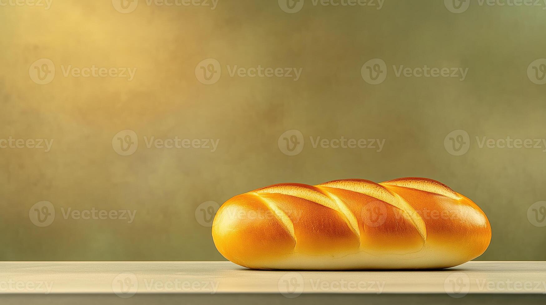 Freshly baked loaf of bread on wood table on blurred background, with copy space photo